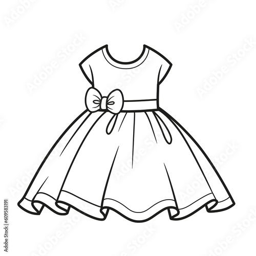 Dress with fluffy skirt outline for coloring on a white background