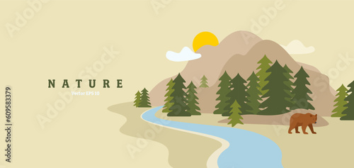 Nature, mountains, forest, bear, river. Concept of park, nature reserve, travel, Bear in the wild goes hunting. Vector flat graphics.