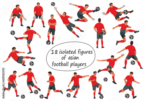 18 isolated figures of asian football teem players in various poses in red T-shorts in motion