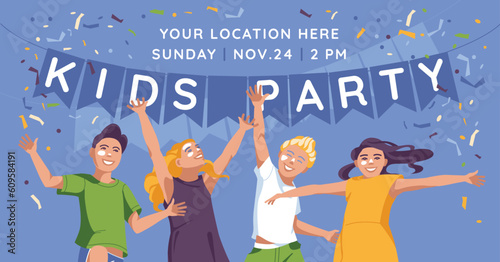 advertisement of a children's birthday party or kids party. Happy jumping little girls and boys on the blue sky background. Vector flat illustration. Poster, flayer.