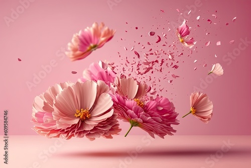 Pink flowers and flying petals on pink background