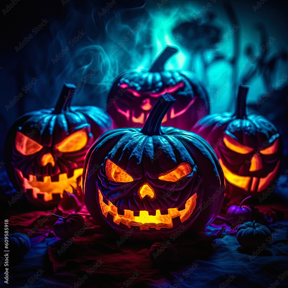 Halloween carved pumpkin on the porch outside. Evening lights. Professional color grading. ai generative,