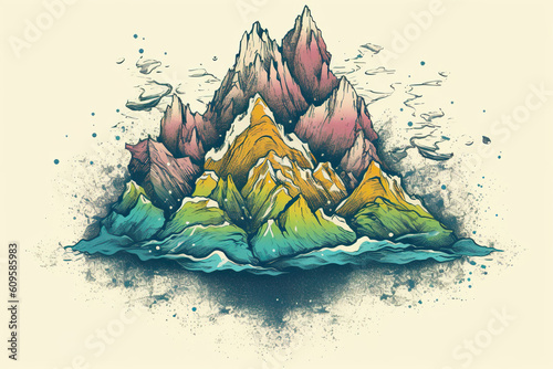 Landscape: Illustration of a Mountain Surrounded by Ocean and Clouds photo