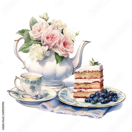 Vintage Tea Pot with Flowers Watercolor Clipart, Afternoon tea, tea party, Dessert Watercolor, Blue Vintage, made with generative AI	
