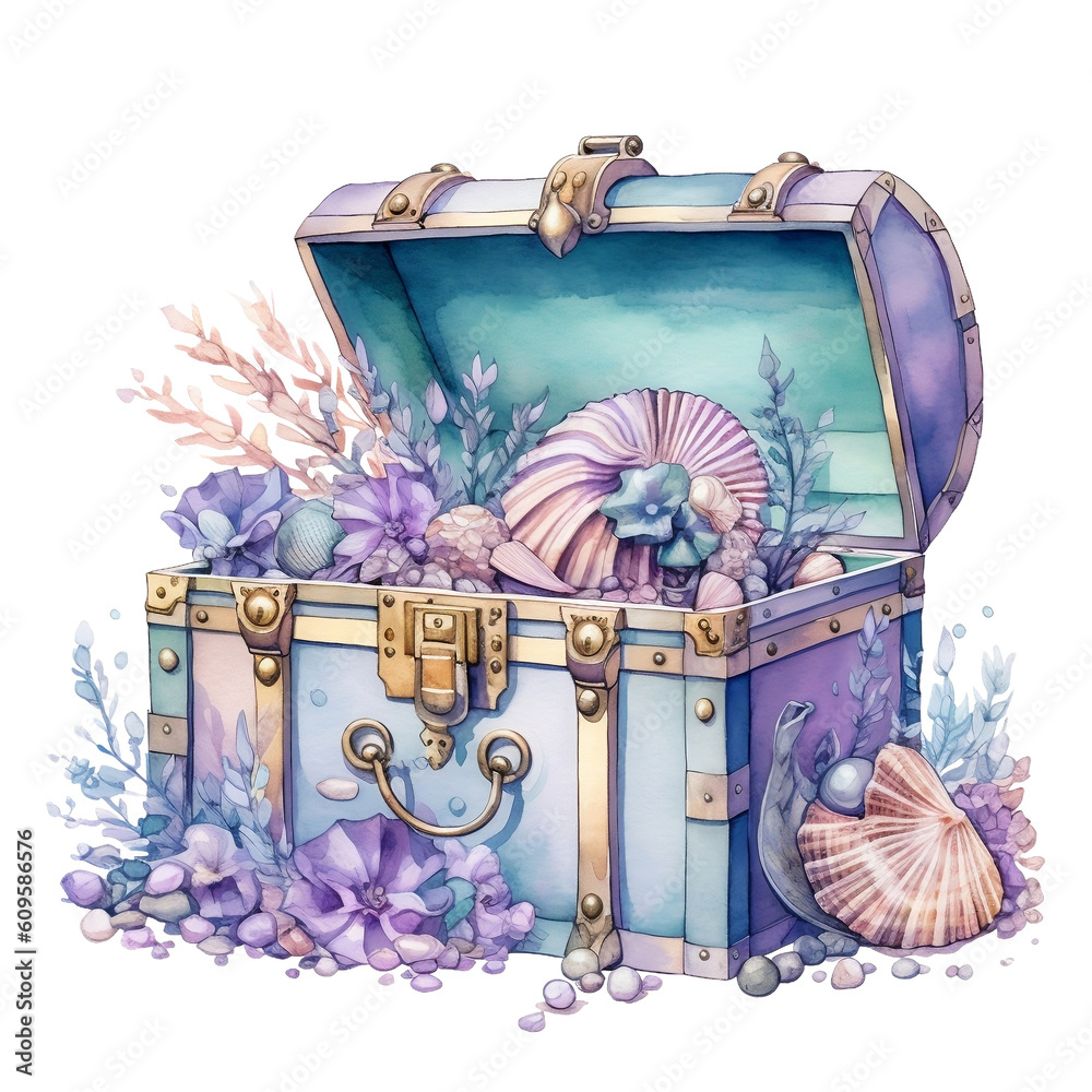 Pastel Treasure Chest with Jewelry, Mermaid Treasure, Mermaid