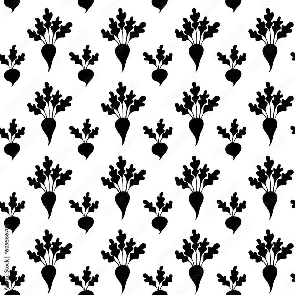 Sugar beet pattern of black silhouettes on white background. Seamless white beet pattern.