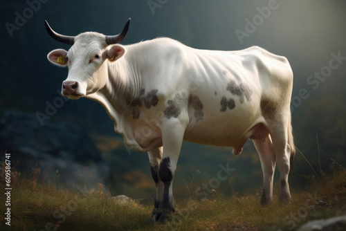 A rustic and traditional farming scene of a brown and white cow standing on a dirt road with a farm in the background. AI Generative..