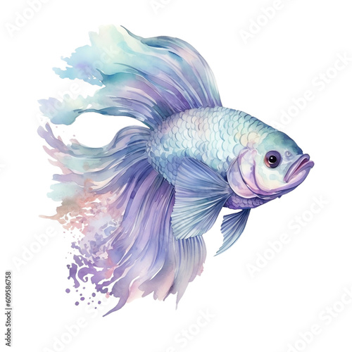 Pastel Fish Watercolor Clipart Illustration, Mermaid Watercolor, Sealife, Oceanlife, Under the Sea Clipart, made with generative AI  © SASINA N.