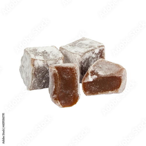 Caramel a lot of turkish delight on white background