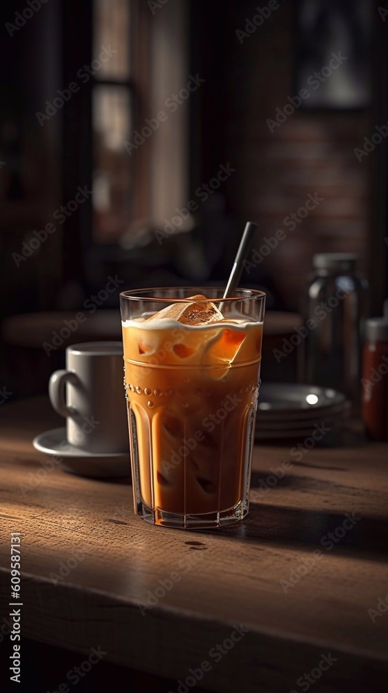 Iced coffee in tall glass with cream on wooden table in caffe. AI generated