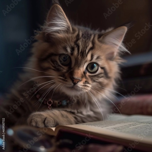 Portrait of Funny kitty with book.  AI generation © tanchy25