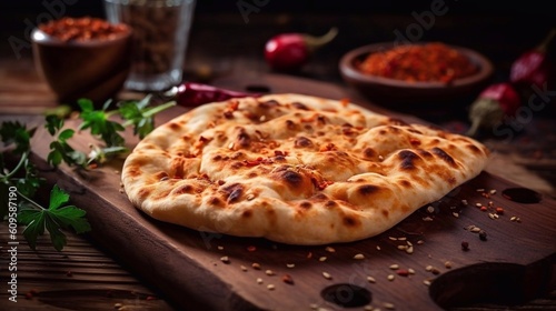  Freshly baked flatbread on wooden cutting board. AI generated
