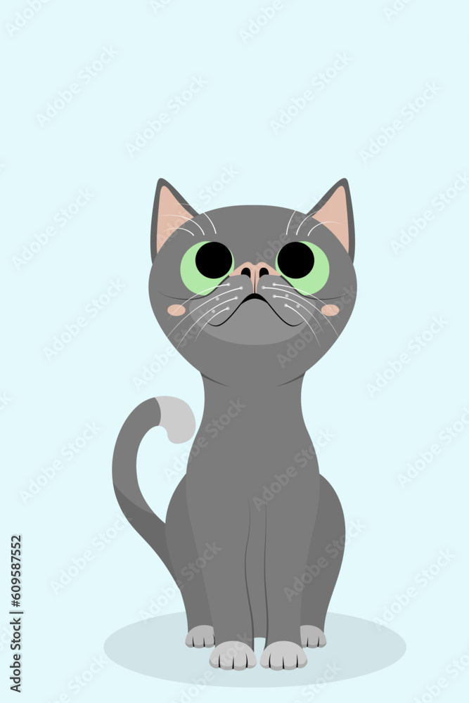 Cute cartoon cat sitting and looking up. Cartoon kitten character flat vector illustration. Lovely kitty art