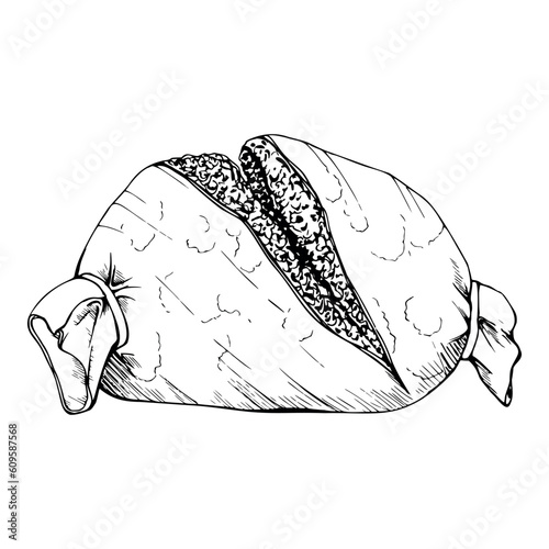 Ink hand drawn vector sketch of isolated object. Scotland symbol local traditional food, haggis pudding, Burns supper, minced meat. Design for tourism, travel, brochure, guide, print, card, menu