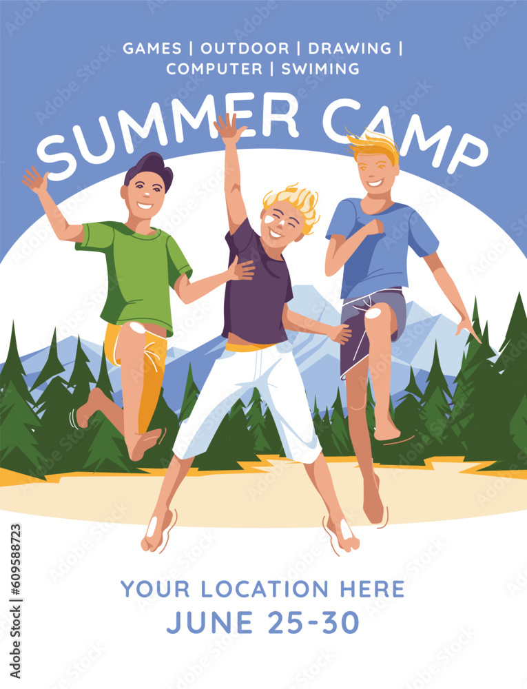 advertisement of a children's summer camp. Three boys jumping on the background of a mountain forest. Vector flat
advertisement of a children's summer camp. Three boys jumping on the background of a mountain forest. Vector flat