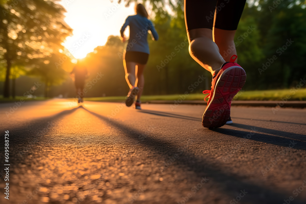 Legs of three women running, group of young women jogging in the park under beautiful sunlight. Fitness, wellness, healthy lifestyle, motivation, productive concept. Generative AI Legs of three women running, group of young women jogging in the park under beautiful sunlight. Fitness, wellness, healthy lifestyle, motivation, productive concept. Generative AI