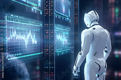 AI robot standing in front of graphs and financial data display on screen  stock trading bot  automated trading system  futuristic technology illustration. Generative AI