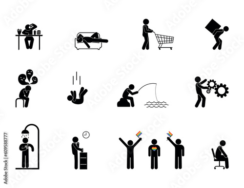 man icon, set of human silhouettes, everyday situations, sports, food and work