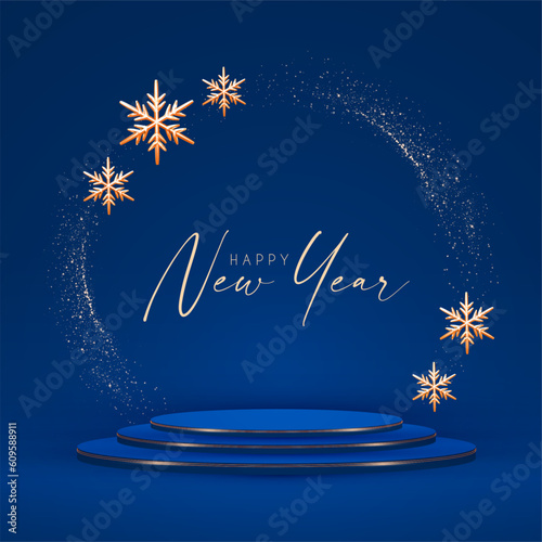 Christmas podium. New Year presentation with empty scene and elegant gold snowflakes.