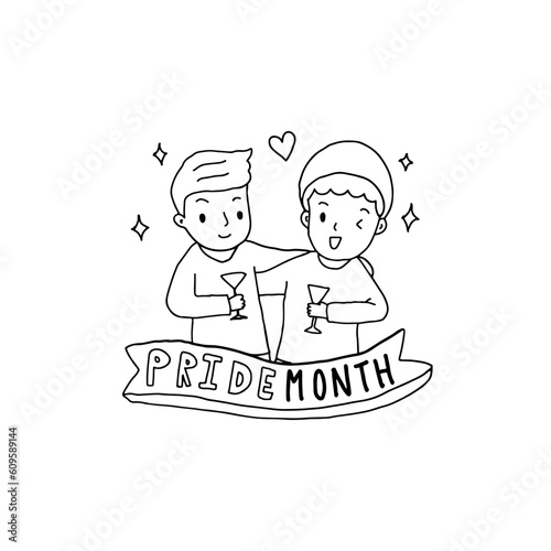 Gay couple celebrate on Pride month, Outline drawing style vector