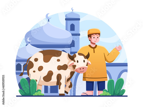 Illustration vector a Muslim man bring a sacrificial cow to be donated as a Qurban to front of a mosque during the festive occasion of Eid al-Adha Mubarak.
Eid Al Adha Mubarak cartoon illustration.