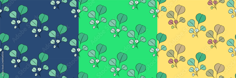 Tree vector seamless half-drop pattern, with leaves