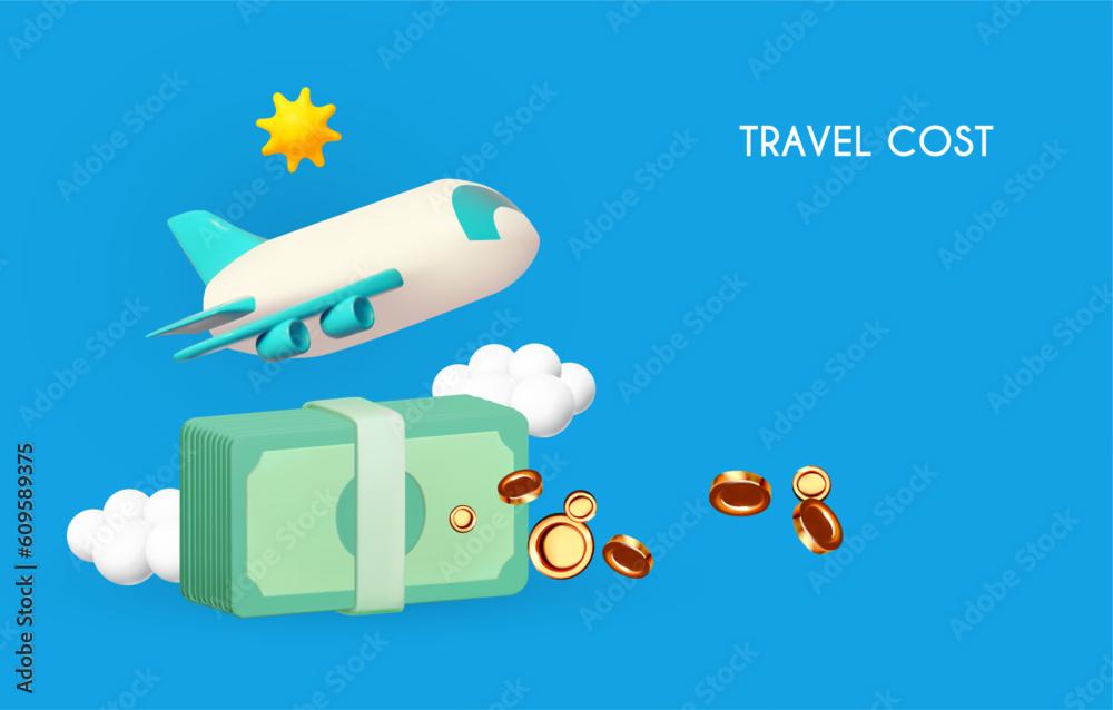 Naklejka premium 3D airplane travel concept. Booking service design. Flight cost.