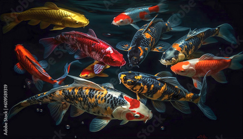Top view of colorful school koi fishes in clear water. AI generative and fish concept © Renrae