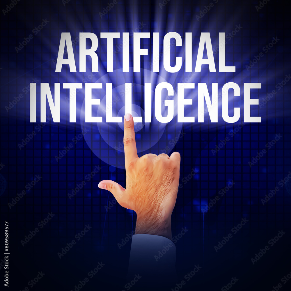 Man touching Artificial intelligence typography on blue tech backdrop. Future of AI concept background Man touching Artificial intelligence typography on blue tech backdrop. Future of AI concept background