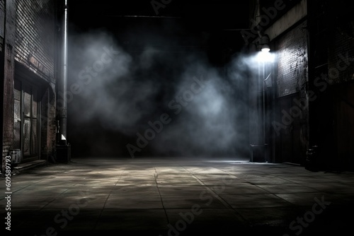 A dark alley with a street light and smoke coming out of it cinematic background generative ai