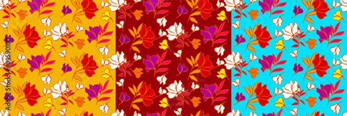 Tree vector seamless half-drop pattern, with flowers