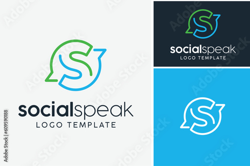 Bubble Chat Message Media Social Conversation Talk Apps with Initial Letter S Speak logo design
