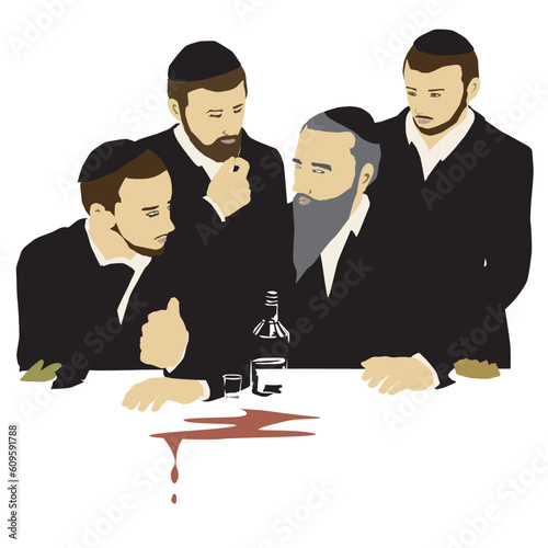 Farbrengen - a Jewish Hasidic gathering. A rabbi and yeshiva students sit and meet.
Next to them on the table is a bottle of vodka and a glass. and plates of food.
The older one speaks. Flat vector