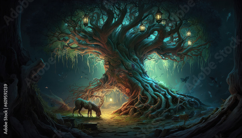 A majestic old tree in the heart of the enchanted forest, with magical creatures living in its branches. Generative AI © Postproduction