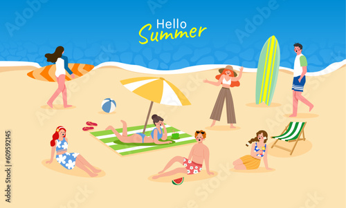 people on beach vector set collection. man woman, surf board, enjoy summer vacation, relax, chill have fun, play dance, lying on towels sun chairs sand, eat ice drink cocktails.