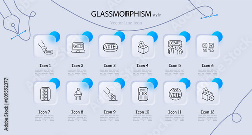 Set of voting icons representing the democratic process and participation in elections. Glassmorphism style. Vector line icon