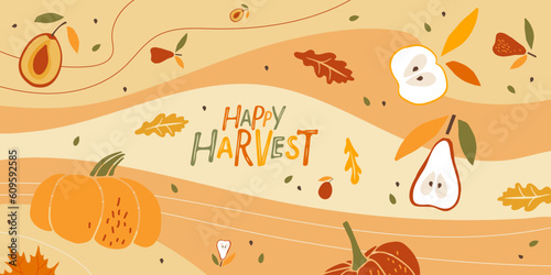 Happy harvest. Abstract autumn background. Fall Typography poster design with apple, pear, pumpkin, plum, plant in autumn colors. Collage print For card, cover design, brochure, greeting template.