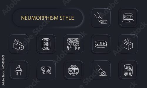 Set of voting icons representing the democratic process and participation in elections. Neomorphism style. Vector line icon