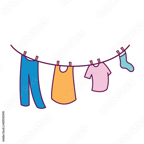 Colored simple clothesline with various type of clothing hanging and drying on it vector icon illustration isolated. Simple flat outline icon drawing cartoon art style with blue, orange pink, green.