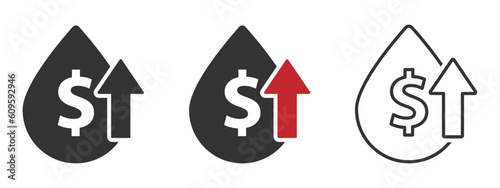 Oil cost growth vector signs. Oil price rise vector icons set