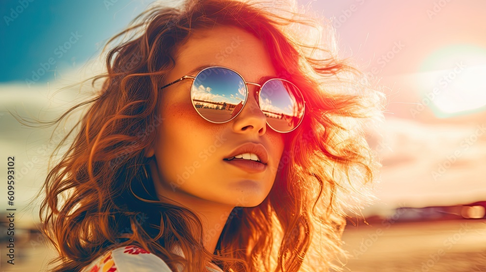 Porträt einer Frau mit lockigem Haar und verspiegelter Sonnenbrille bei Sonnenuntergang an einem schönen sonnigen Tag im Sommer, Generative AI