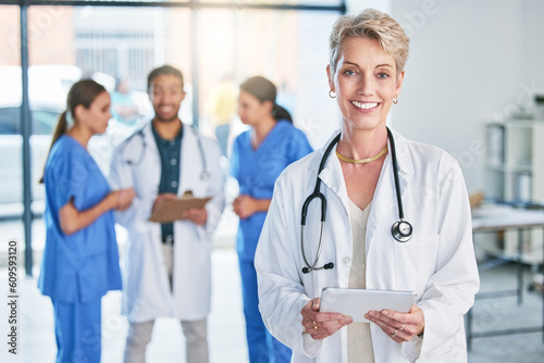 Medical, doctor and tablet with portrait of woman in hospital for digital report, networking or expert research. Medicine, healthcare and app with female physician for technology, results or internet