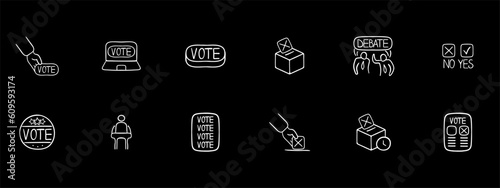 Set of icons representing voting and elections. Democracy, ballot, icons, set, election, vote. Vector white set icon