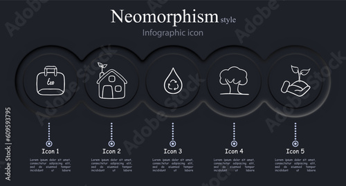 Set of eco-friendly energy icons representing renewable energy sources such as solar power, wind power. Neomorphism style. Vector line icon