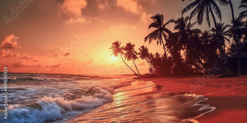 A beautiful sunset on the beach with palm trees