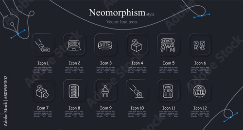 Set of icons representing elections and voting. Democracy, ballot, icons, set, election, vote. Neomorphism style. Vector line icon