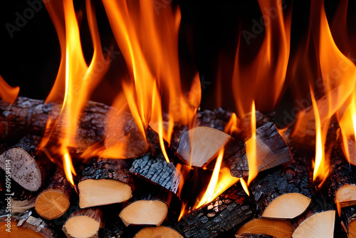 Blazing Fire burning firewood and logs in a fireplace for warmth in fireplace or cooking barbeque food Generated Ai