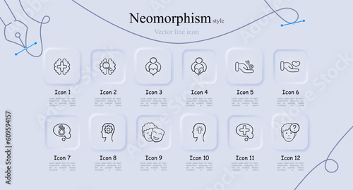 Set of icons representing mental support and assistance. Empathy, listening, support, icons, set, psychology, help, communication. Neomorphism style. Vector line icon