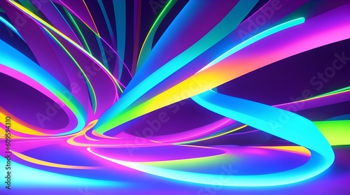 illustration of gaudy gradient background with abstract shapes glowing in ultraviolet spectrum, neon lines, bright colours, futuristic concept. Generative AI