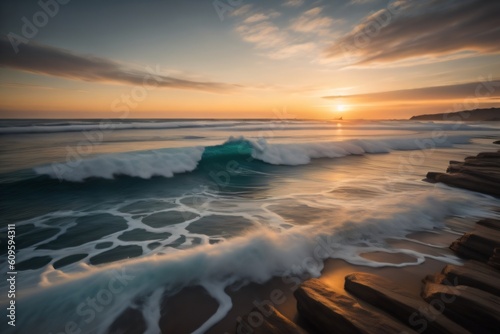 Serene Ocean Waves at Sunset ai generation